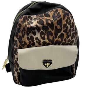 Betsey Johnson Cheetah Print B&W with Floral Lining Turn Lock & Zipper Backpack